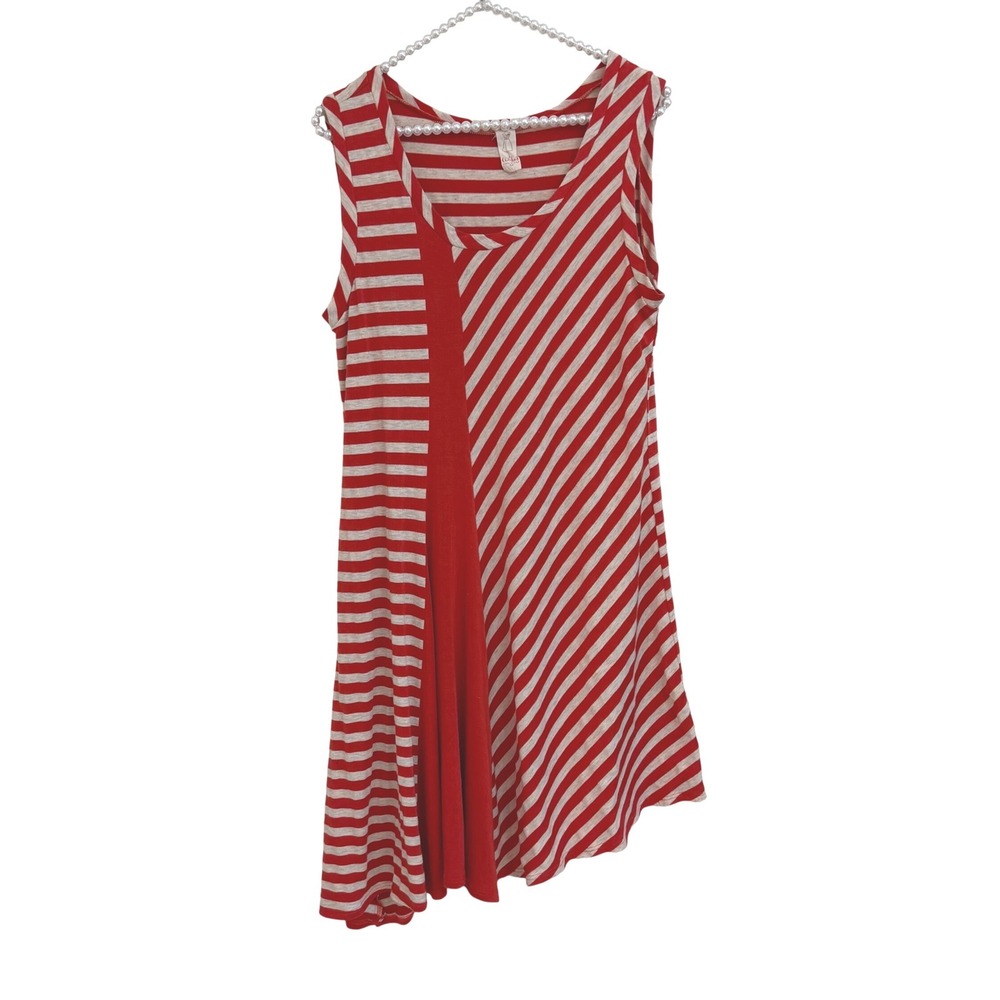 Chalet Red Striped Bamboo Asymmetrical Sharkbite Sleeveless Boho Tunic Dress M
